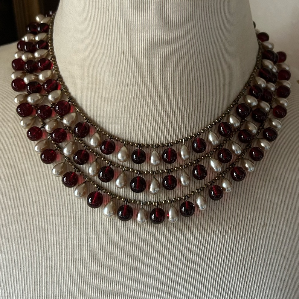 Rare Find HEAVY Antique French Triple Strand Garnet Glass Pearl Bead Necklace